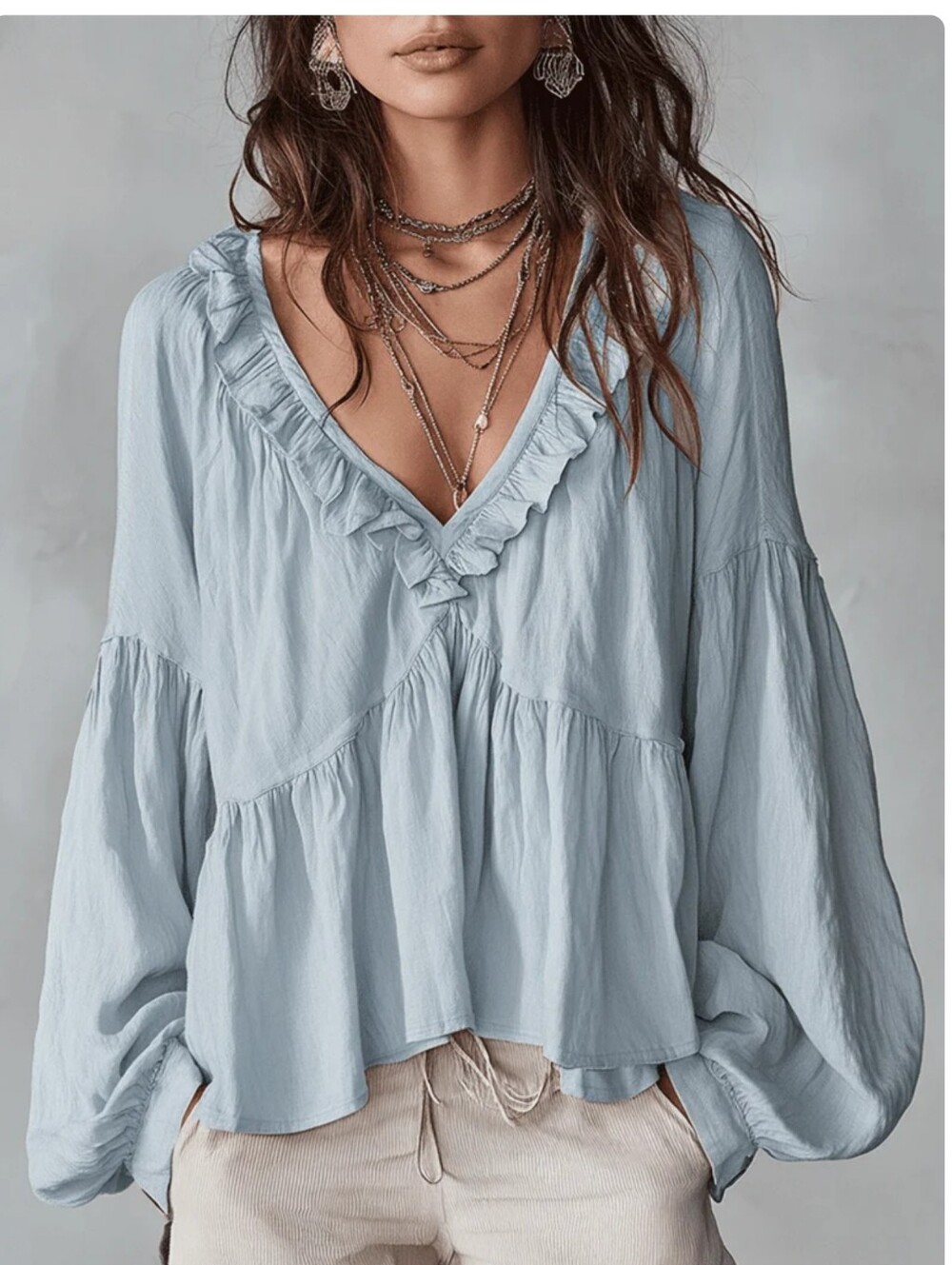 NWOT Emmie & Ellie Womens V-neck Tiered Ruffle Blouse In Baby Blue Size Small